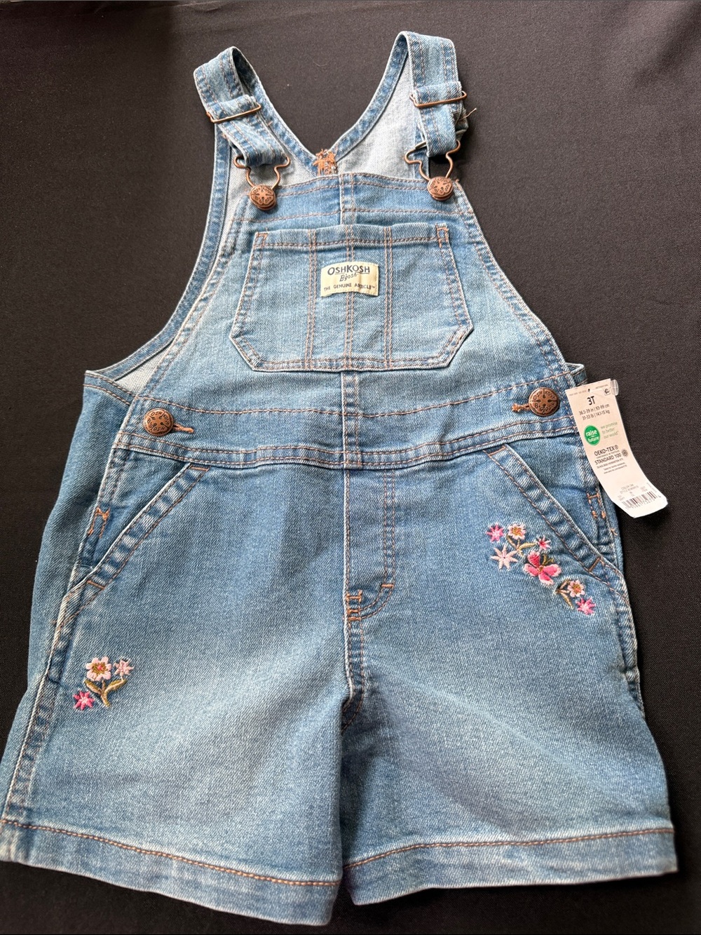 OshKosh B'gosh Light Blue Denim Shortalls with Pink & White Floral Embroidery